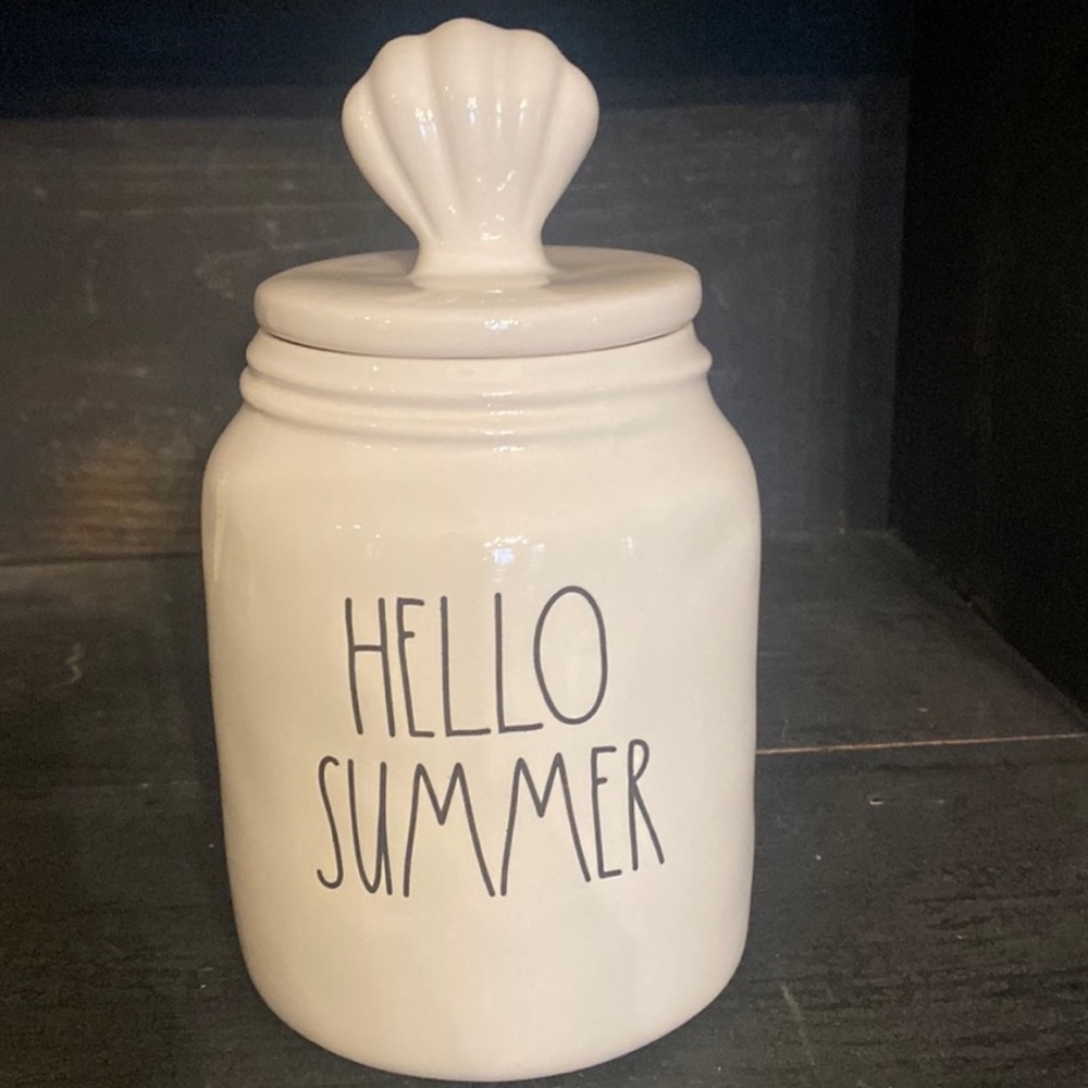 Rae dunn hello summer white canister with shell on lid